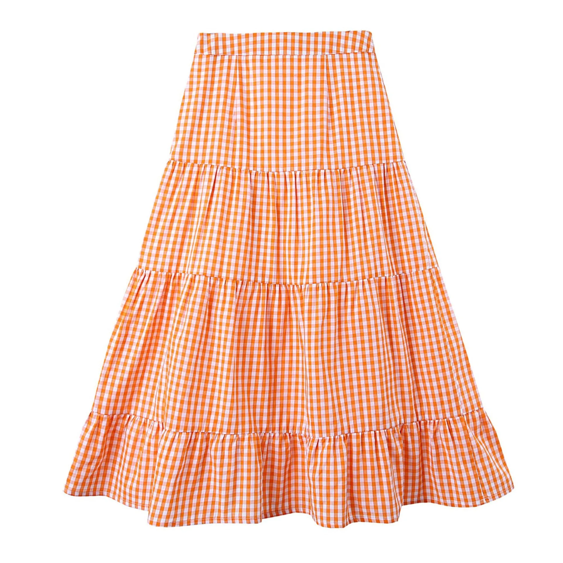 Summer Korean College Spliced Chequered Flare Women Mid-Length A-Line Skirt