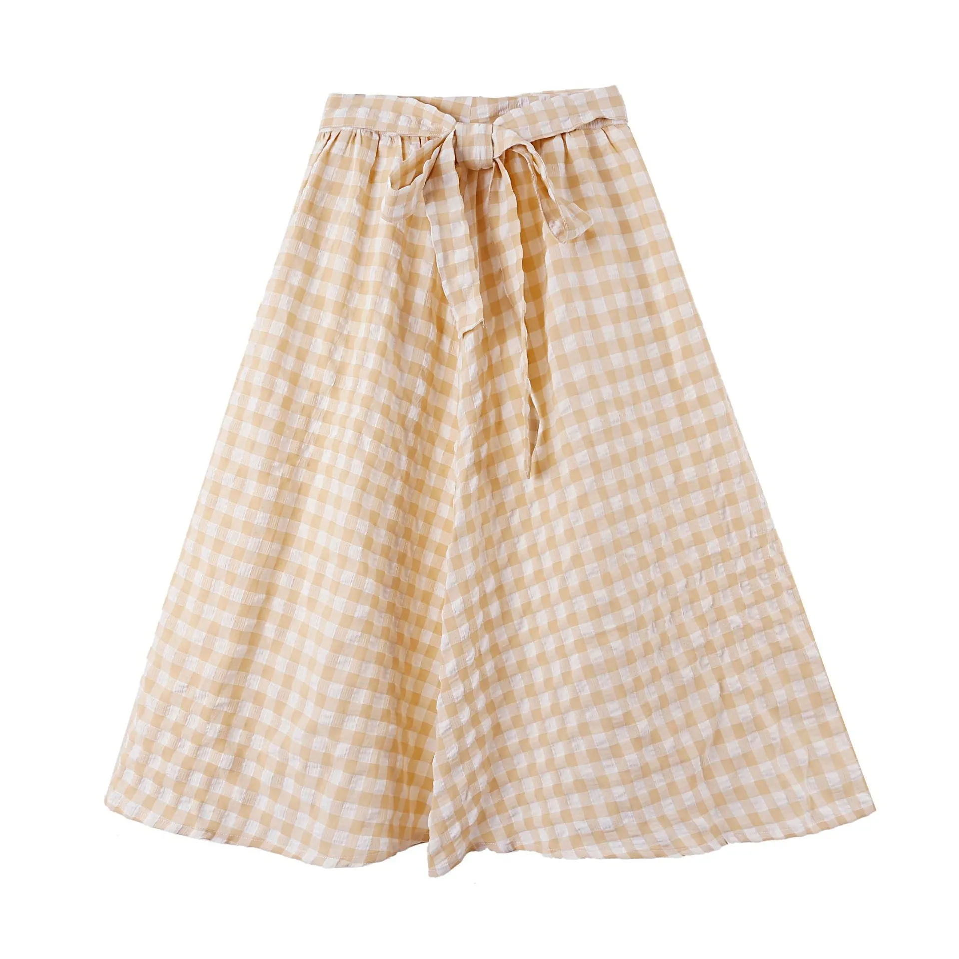 Summer Korean College Spliced Chequered Flare Women Mid-Length A-Line Skirt