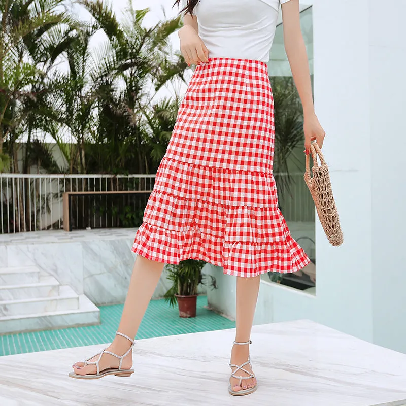 Summer Korean College Spliced Chequered Flare Women Mid-Length A-Line Skirt