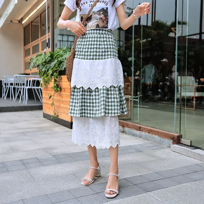 Summer Korean College Spliced Chequered Flare Women Mid-Length A-Line Skirt