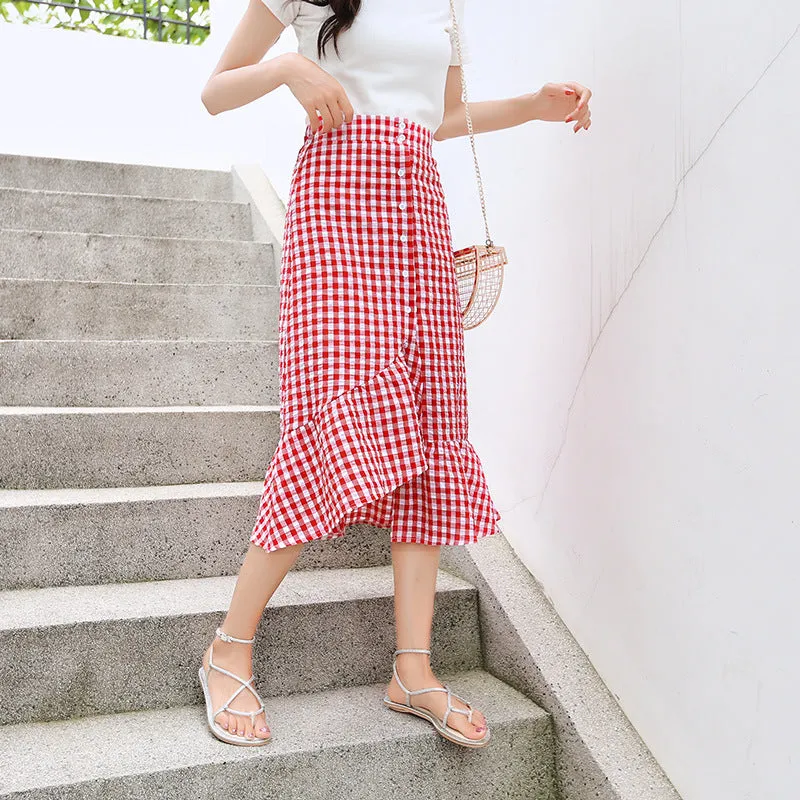 Summer Korean College Spliced Chequered Flare Women Mid-Length A-Line Skirt