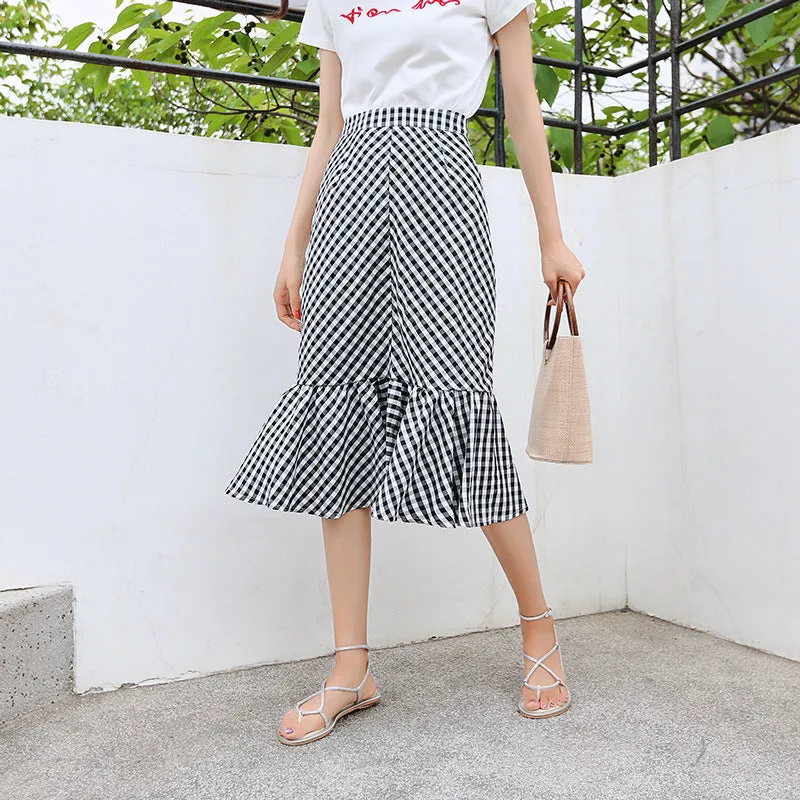 Summer Korean College Spliced Chequered Flare Women Mid-Length A-Line Skirt