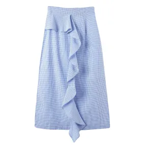 Summer Korean College Spliced Chequered Flare Women Mid-Length A-Line Skirt