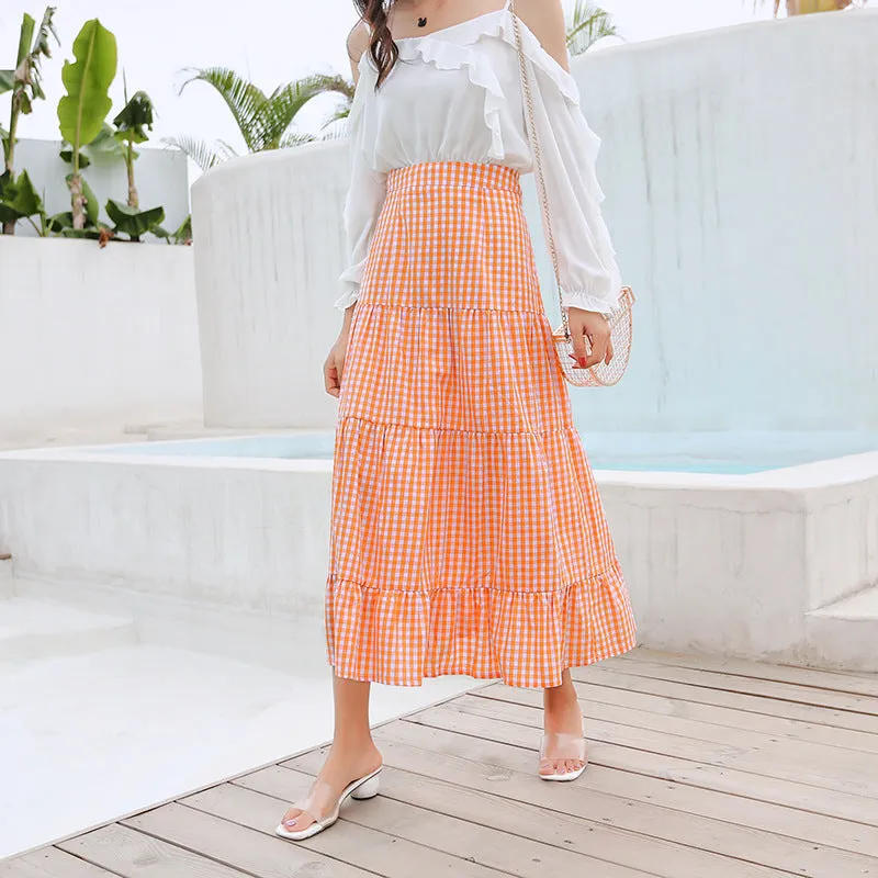 Summer Korean College Spliced Chequered Flare Women Mid-Length A-Line Skirt