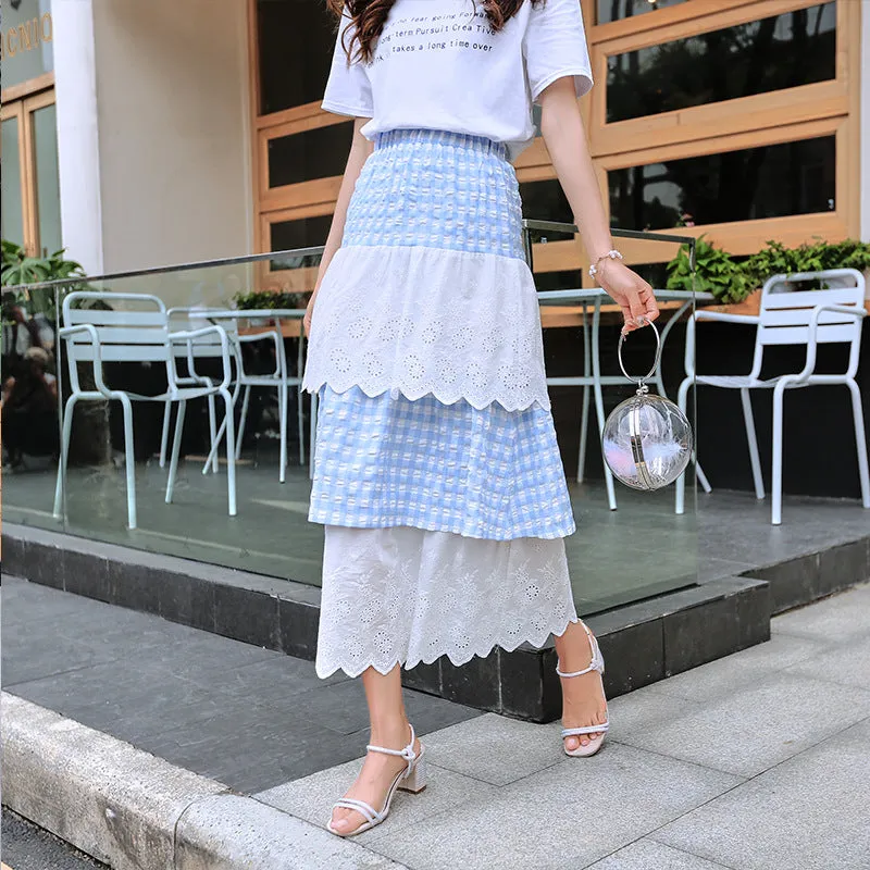 Summer Korean College Spliced Chequered Flare Women Mid-Length A-Line Skirt