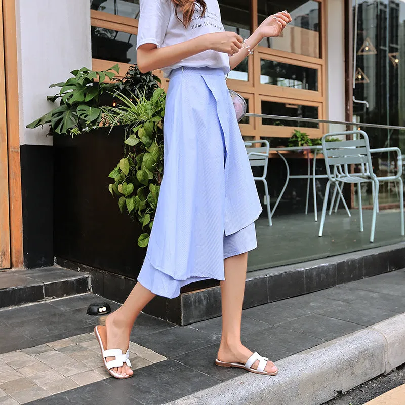 Summer Korean College Spliced Chequered Flare Women Mid-Length A-Line Skirt
