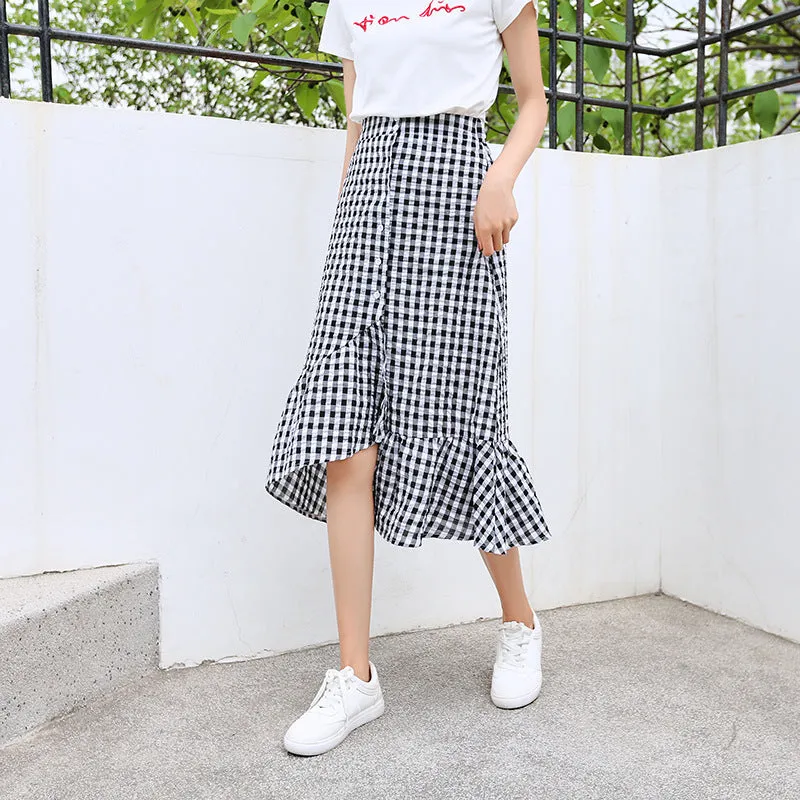 Summer Korean College Spliced Chequered Flare Women Mid-Length A-Line Skirt