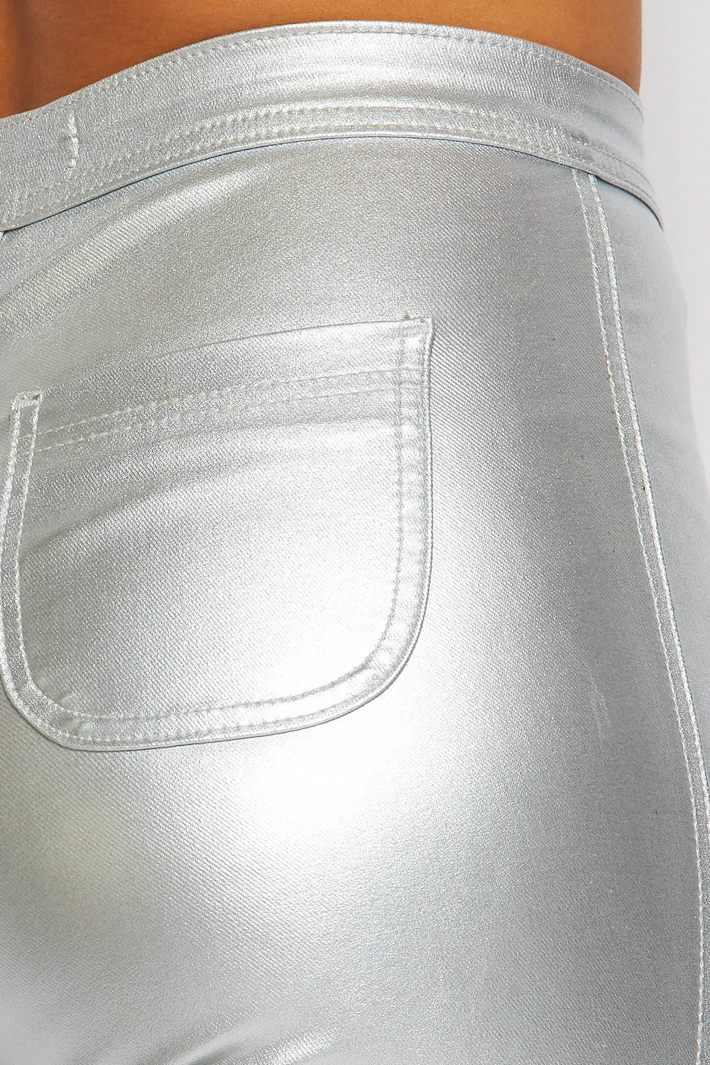 Super High Waisted Faux Leather Stretchy Skinny Jeans - Metallic Silver