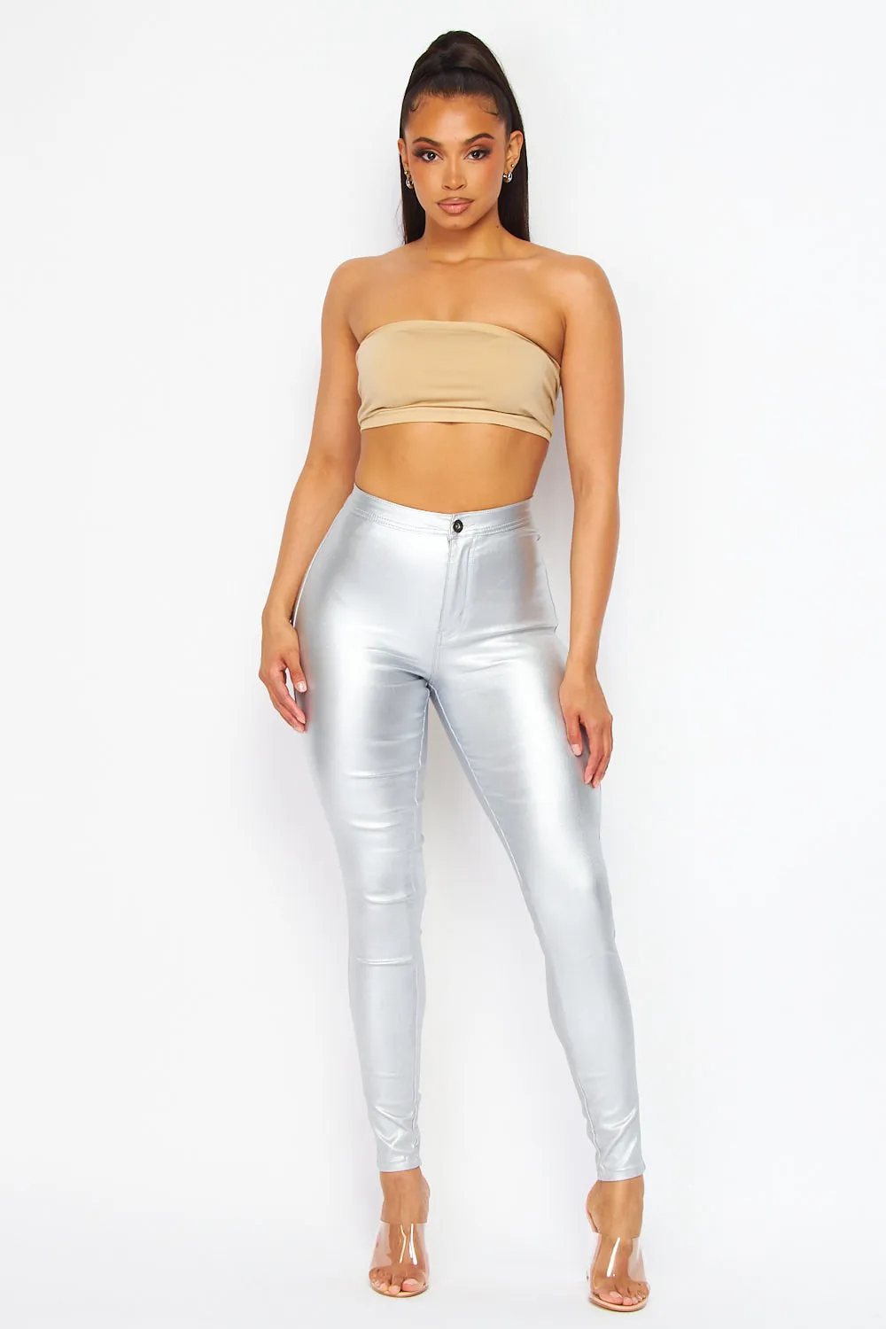 Super High Waisted Faux Leather Stretchy Skinny Jeans - Metallic Silver