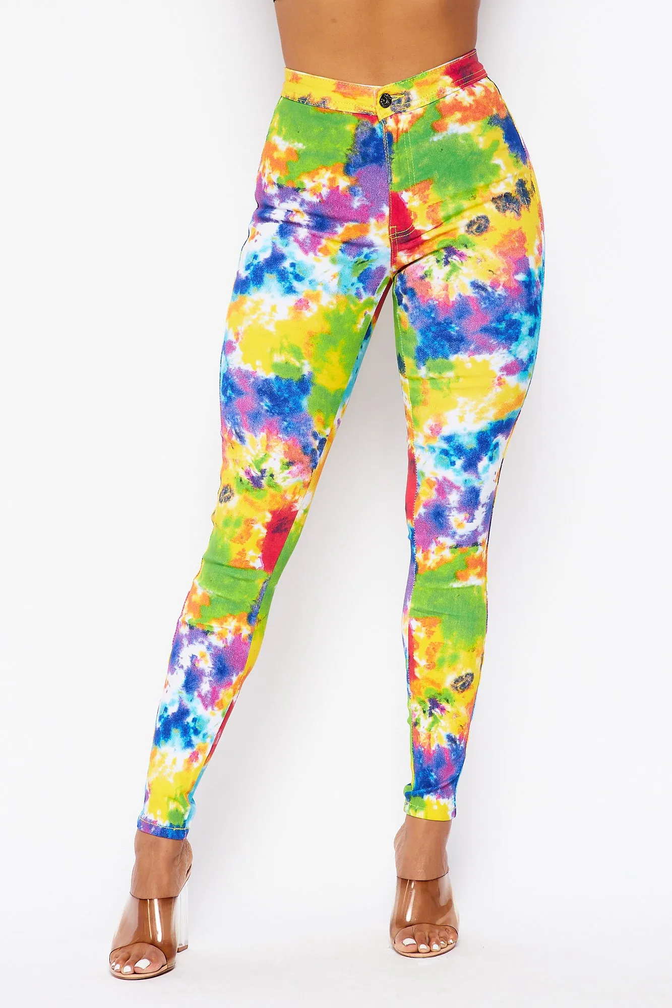 Super High Waisted Tie Dye Skinny Jeans - Yellow/Green Multicolor