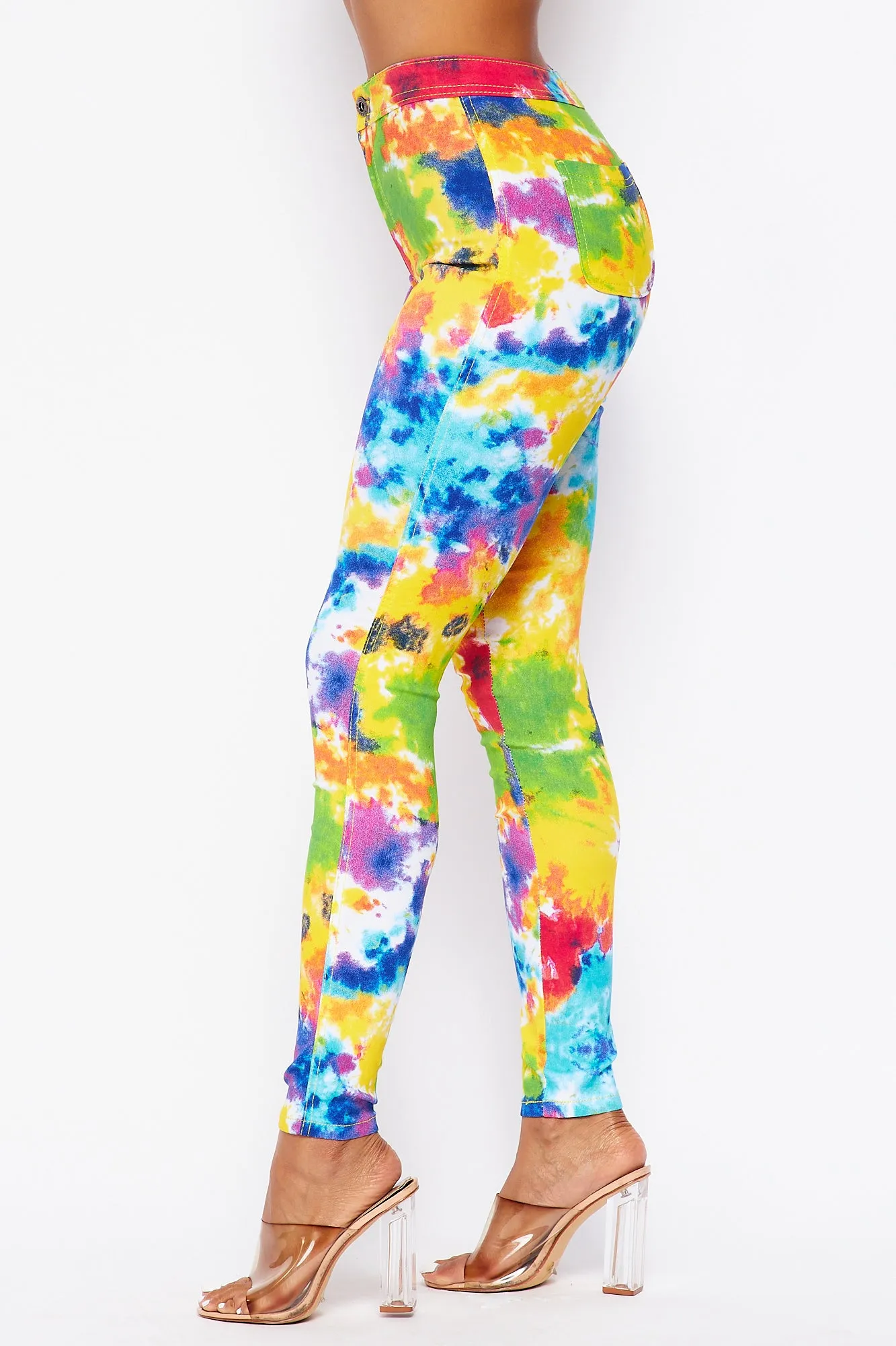 Super High Waisted Tie Dye Skinny Jeans - Yellow/Green Multicolor