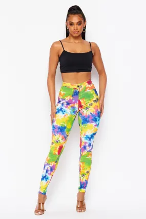Super High Waisted Tie Dye Skinny Jeans - Yellow/Green Multicolor