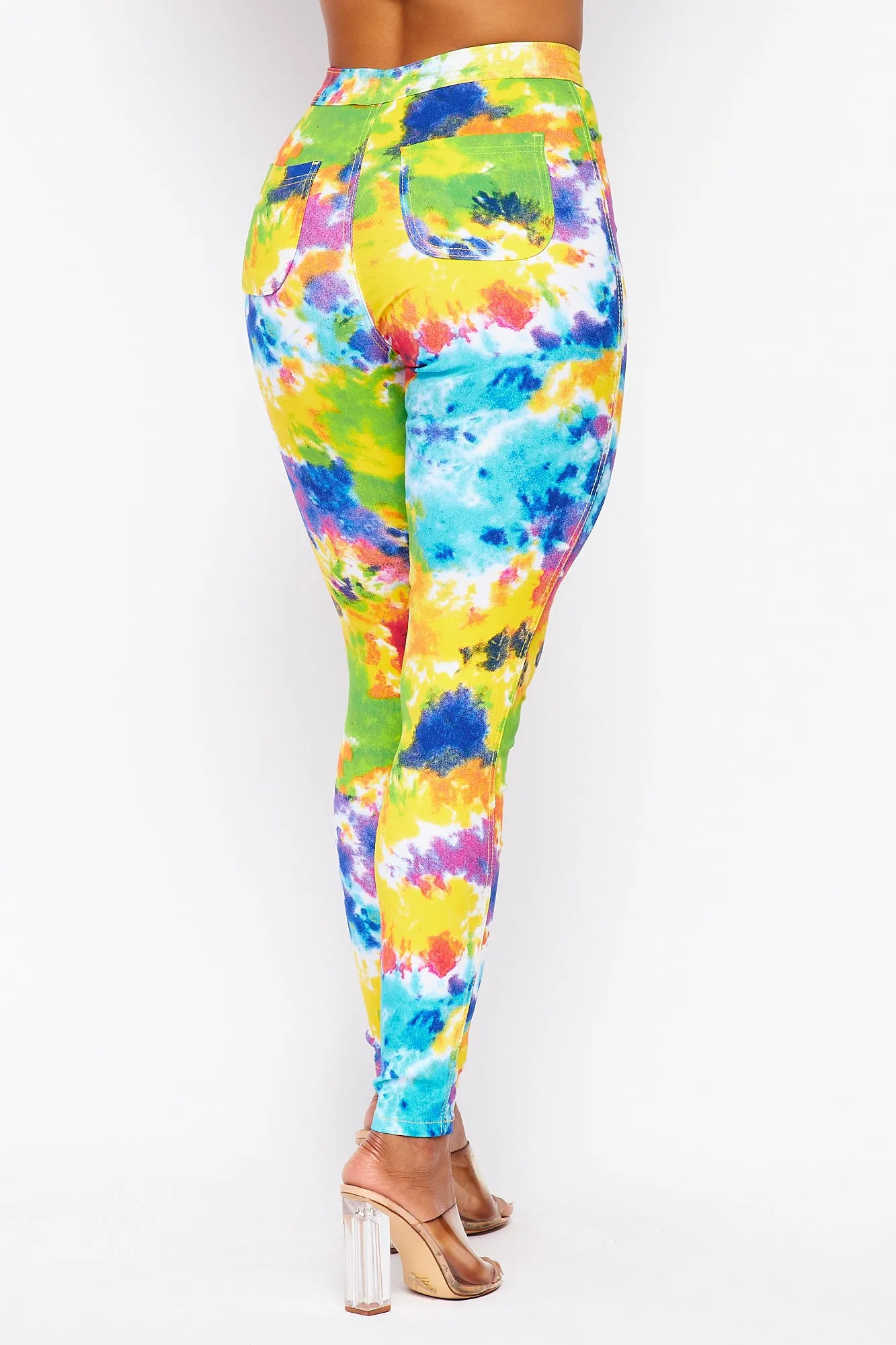 Super High Waisted Tie Dye Skinny Jeans - Yellow/Green Multicolor