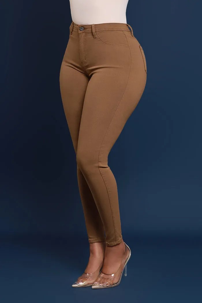 Super Swank High Rise Belt Loop Stretchy Skinny Jeans - Mocha