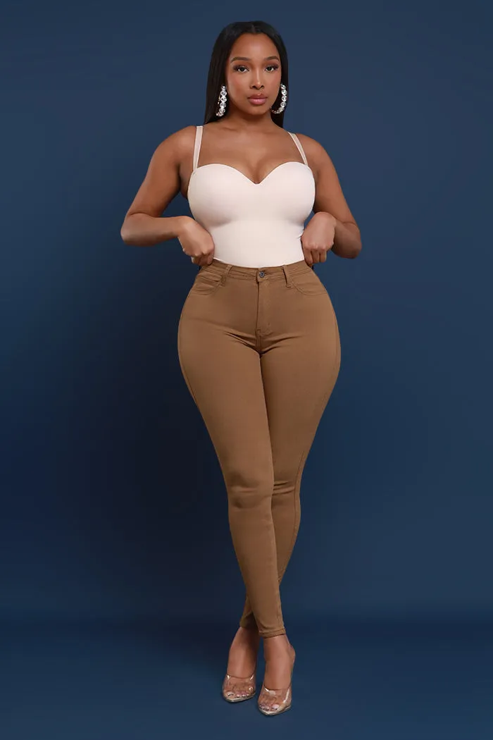 Super Swank High Rise Belt Loop Stretchy Skinny Jeans - Mocha