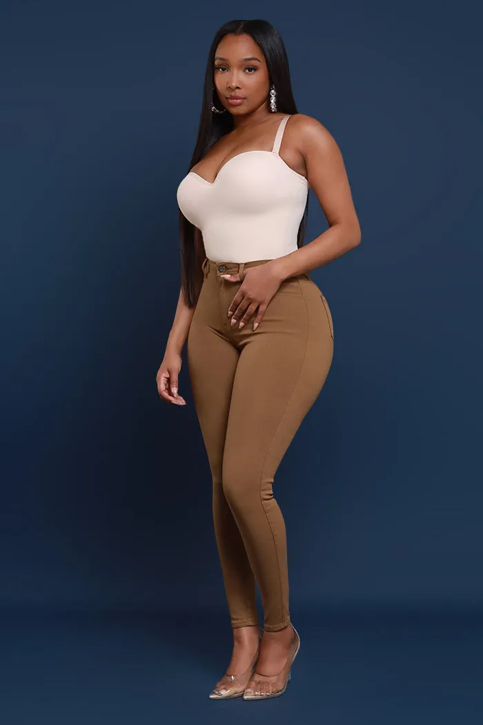 Super Swank High Rise Belt Loop Stretchy Skinny Jeans - Mocha