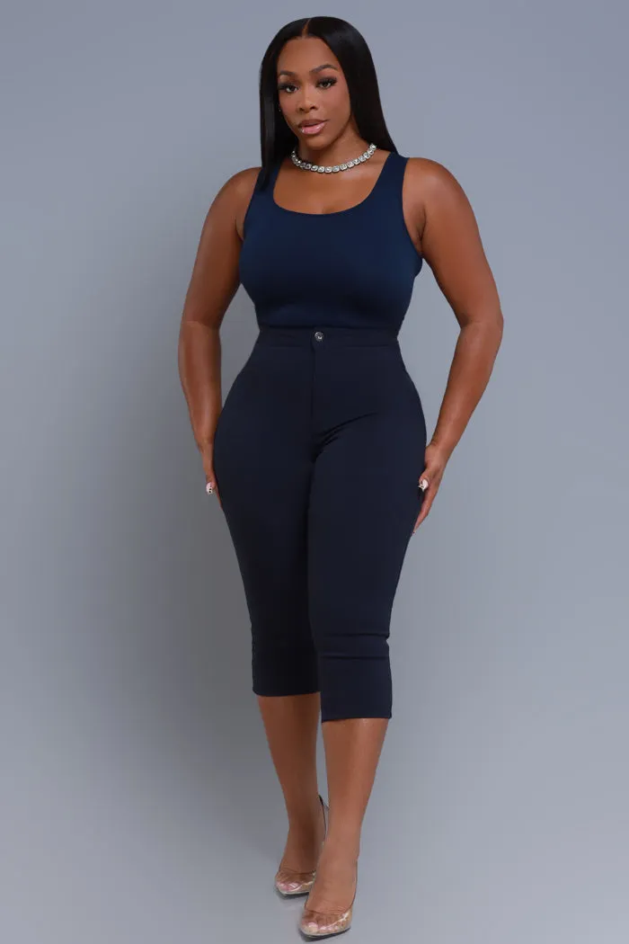 Super Swank High Rise Stretchy Capri Pants - Navy Blue