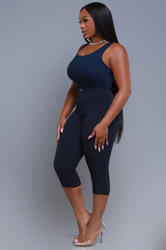 Super Swank High Rise Stretchy Capri Pants - Navy Blue