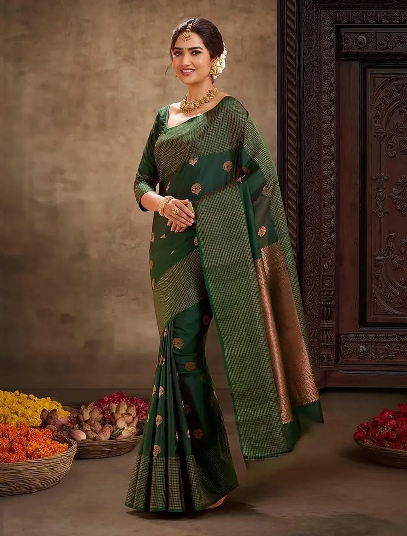 Tempting Dark Green Soft Silk Saree With Lissome Blouse Piece