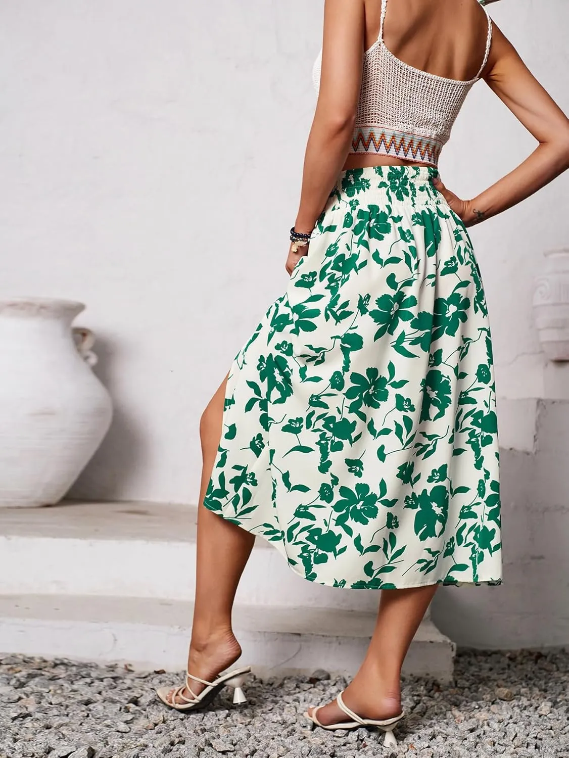 THLAI Womens Skirt Floral Midi Skirt Elastic Waist A-Line Skirt Boho Side Slit Long Skirt Spring Summer Fall Skirt