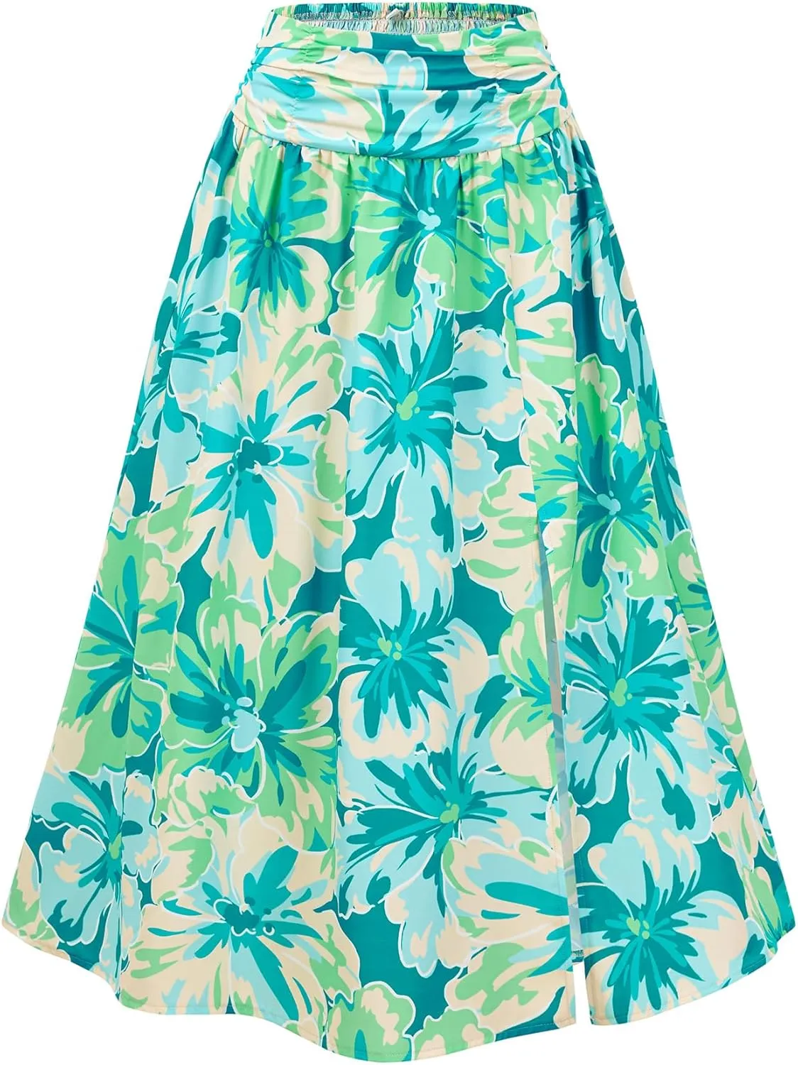 THLAI Womens Skirt Floral Midi Skirt Elastic Waist A-Line Skirt Boho Side Slit Long Skirt Spring Summer Fall Skirt