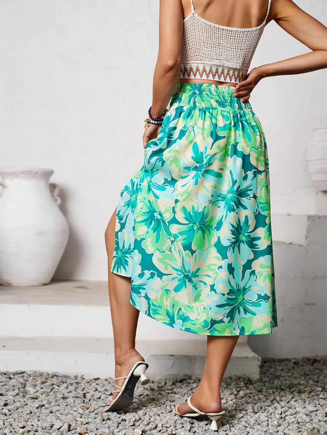 THLAI Womens Skirt Floral Midi Skirt Elastic Waist A-Line Skirt Boho Side Slit Long Skirt Spring Summer Fall Skirt