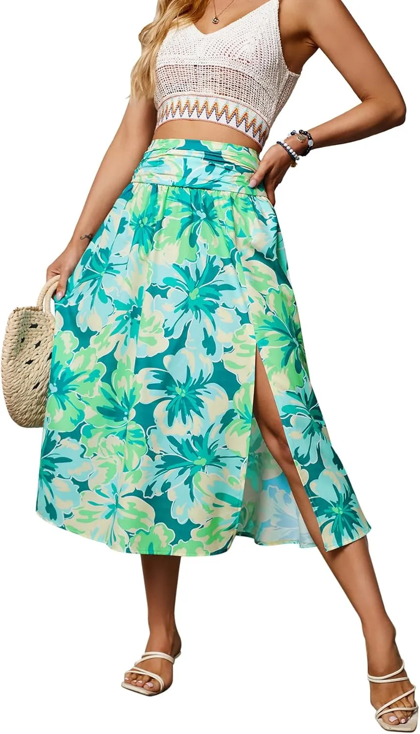 THLAI Womens Skirt Floral Midi Skirt Elastic Waist A-Line Skirt Boho Side Slit Long Skirt Spring Summer Fall Skirt