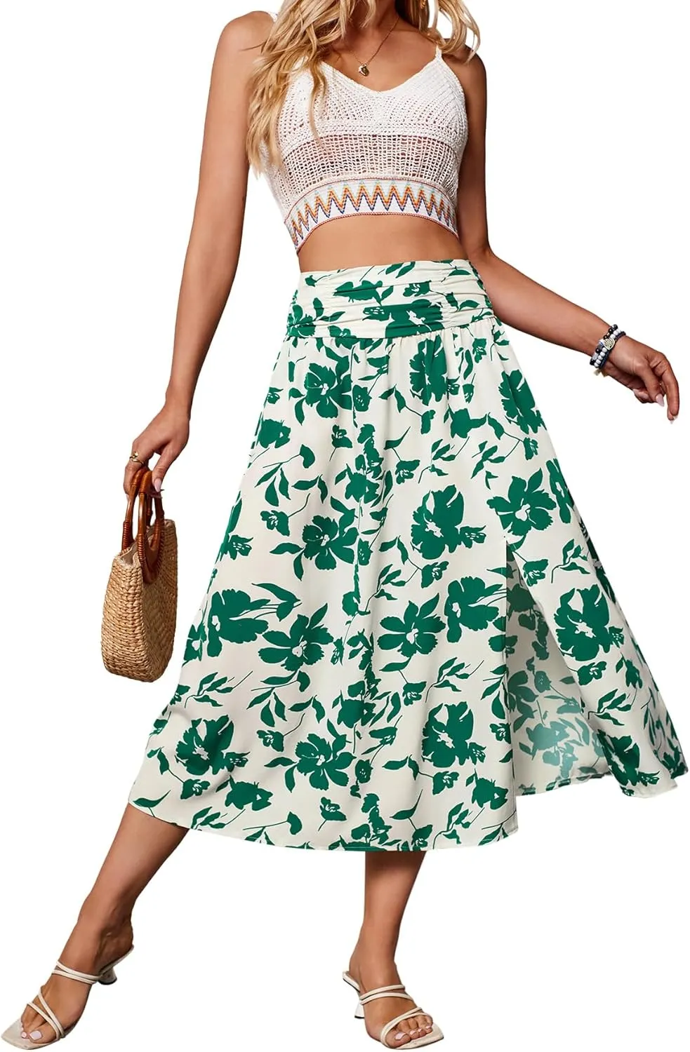 THLAI Womens Skirt Floral Midi Skirt Elastic Waist A-Line Skirt Boho Side Slit Long Skirt Spring Summer Fall Skirt