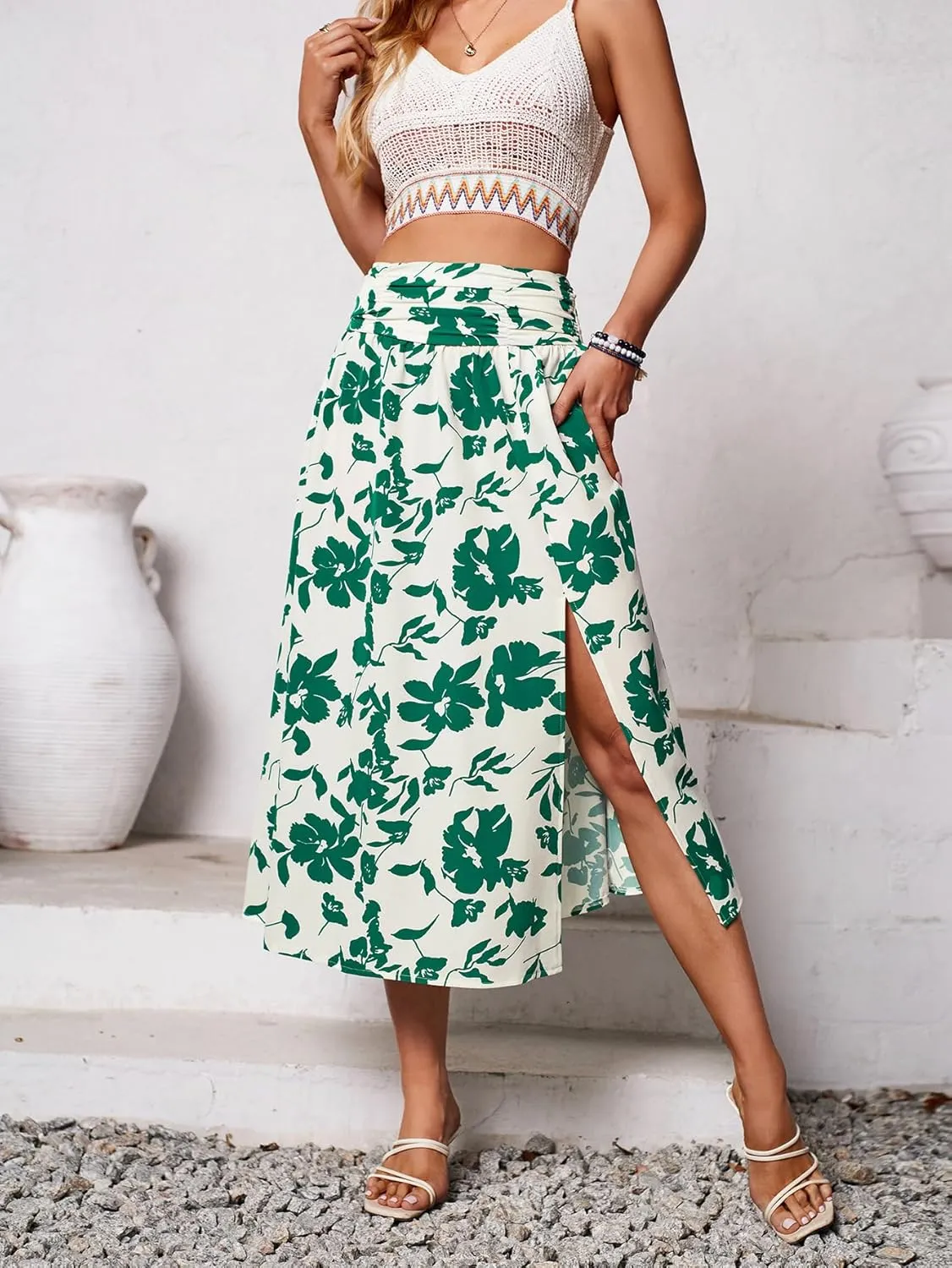 THLAI Womens Skirt Floral Midi Skirt Elastic Waist A-Line Skirt Boho Side Slit Long Skirt Spring Summer Fall Skirt