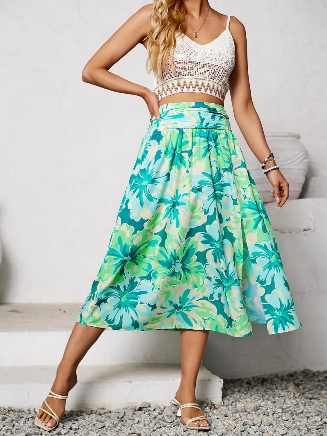THLAI Womens Skirt Floral Midi Skirt Elastic Waist A-Line Skirt Boho Side Slit Long Skirt Spring Summer Fall Skirt
