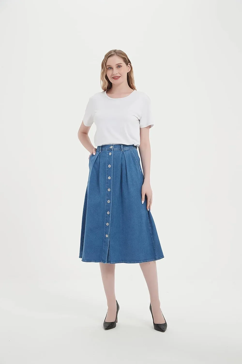 Tronjori Womens A Line Long Midi Denim Skirt with Button Front