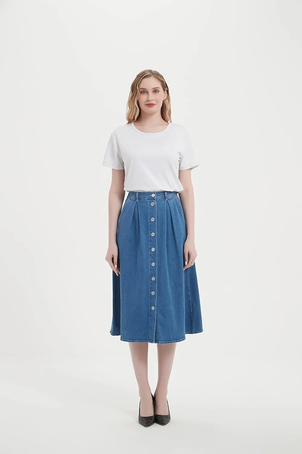 Tronjori Womens A Line Long Midi Denim Skirt with Button Front