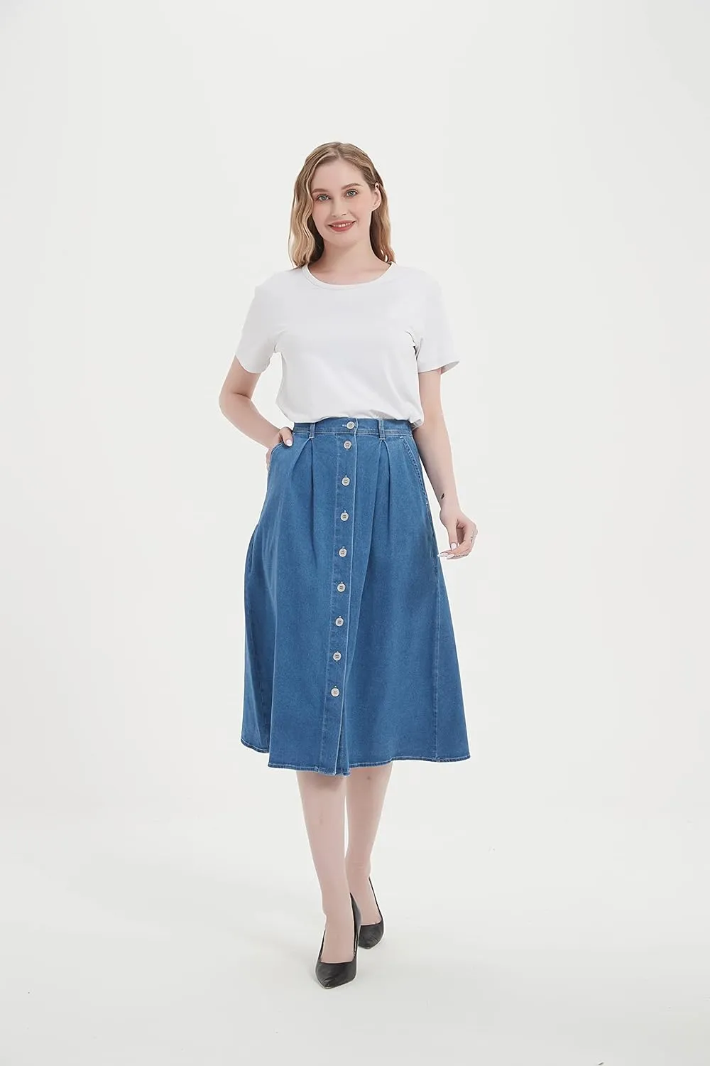 Tronjori Womens A Line Long Midi Denim Skirt with Button Front