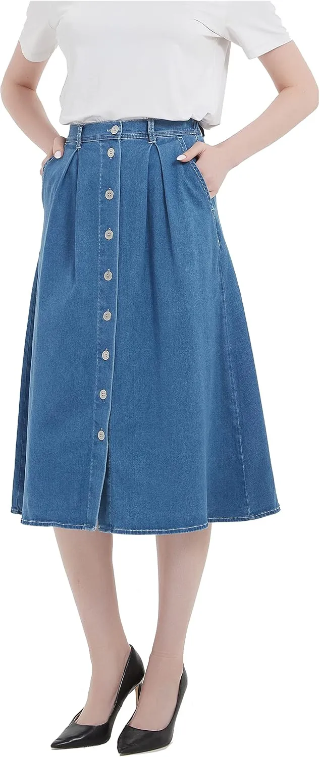 Tronjori Womens A Line Long Midi Denim Skirt with Button Front