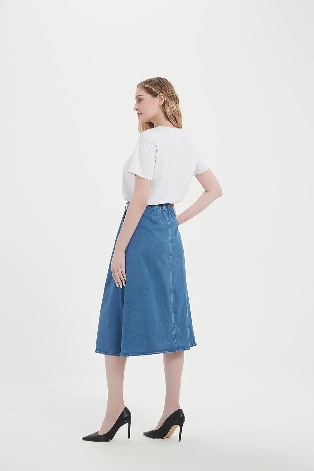 Tronjori Womens A Line Long Midi Denim Skirt with Button Front
