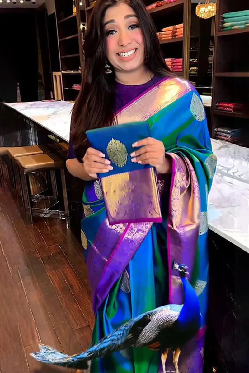 Vestigial Blue Soft Silk Saree With Susurrous Blouse Piece