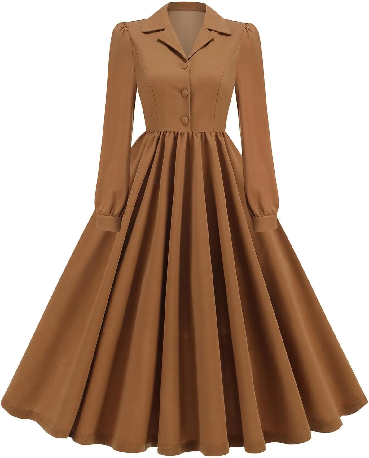 Vintage A-Line Dress for Women Notch Lapel Collar Button Down Dress Elegant Pleated Long Sleeve Solid Maxi Dress