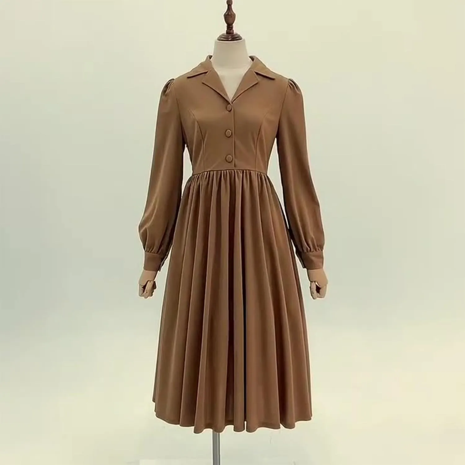 Vintage A-Line Dress for Women Notch Lapel Collar Button Down Dress Elegant Pleated Long Sleeve Solid Maxi Dress