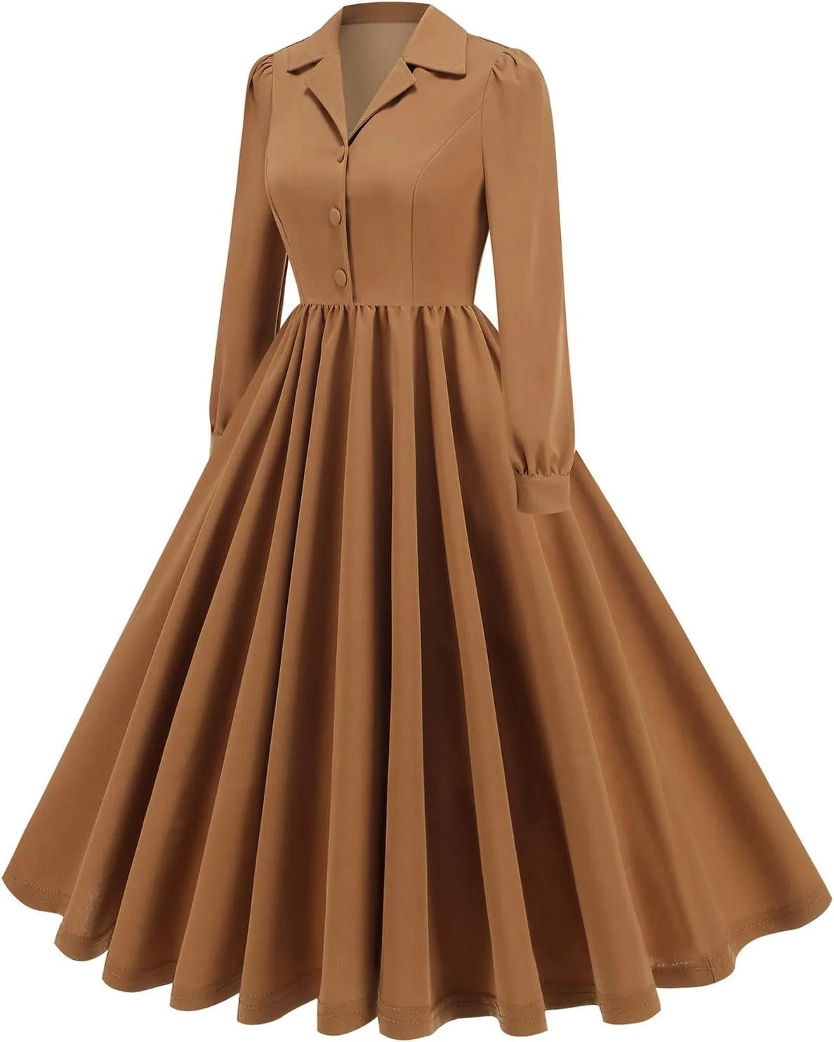 Vintage A-Line Dress for Women Notch Lapel Collar Button Down Dress Elegant Pleated Long Sleeve Solid Maxi Dress