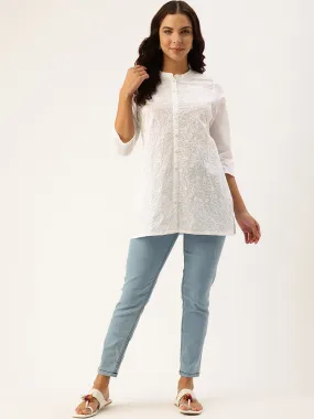 White Mandarin Collar Embroidered Tunic