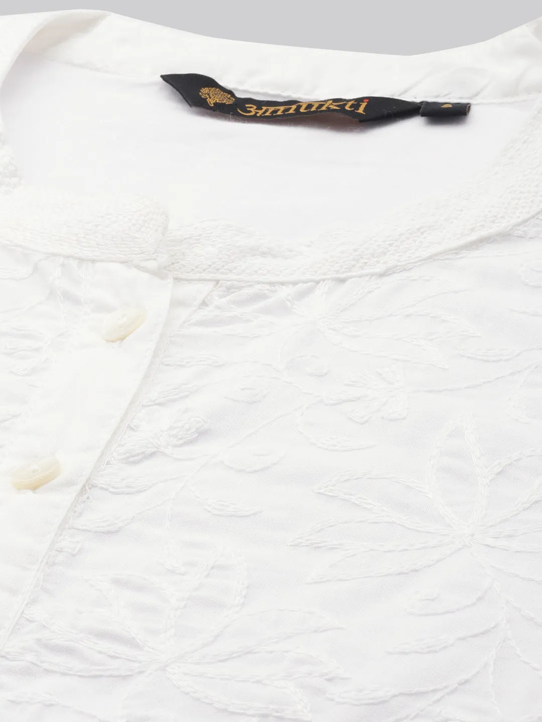 White Mandarin Collar Embroidered Tunic