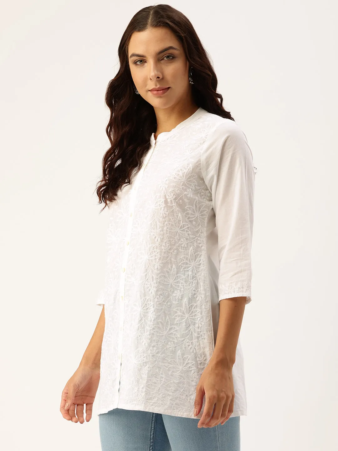 White Mandarin Collar Embroidered Tunic