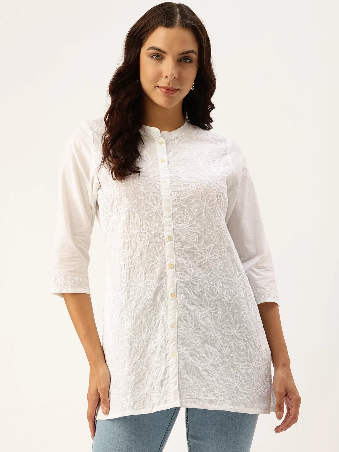 White Mandarin Collar Embroidered Tunic