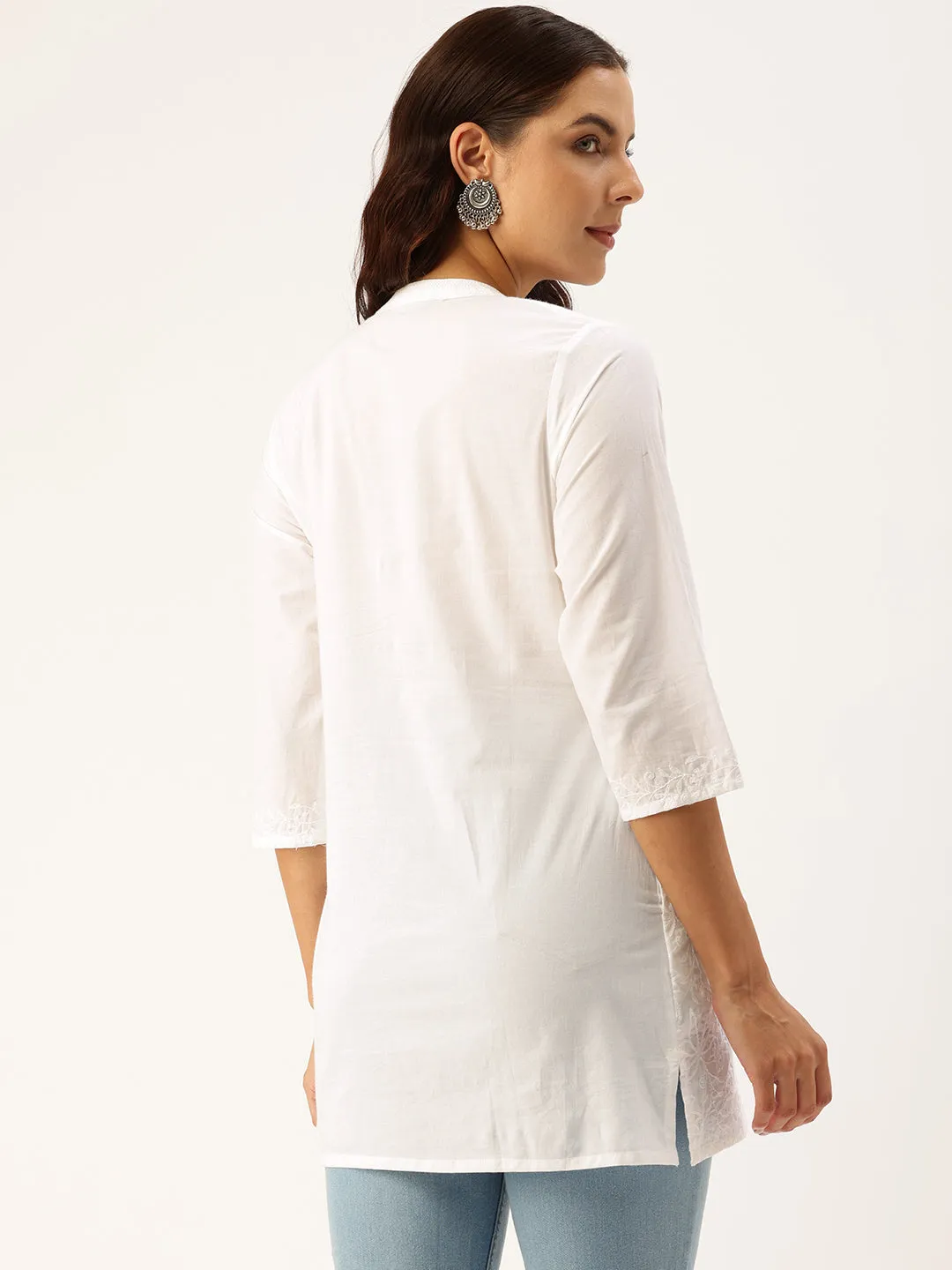 White Mandarin Collar Embroidered Tunic