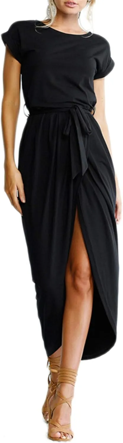WIWIQS Women's Casual Short Sleeve Slit Dress Summer Solid Party Long Maxi Dress Knee Length Dress