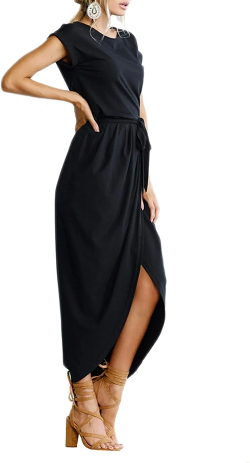 WIWIQS Women's Casual Short Sleeve Slit Dress Summer Solid Party Long Maxi Dress Knee Length Dress