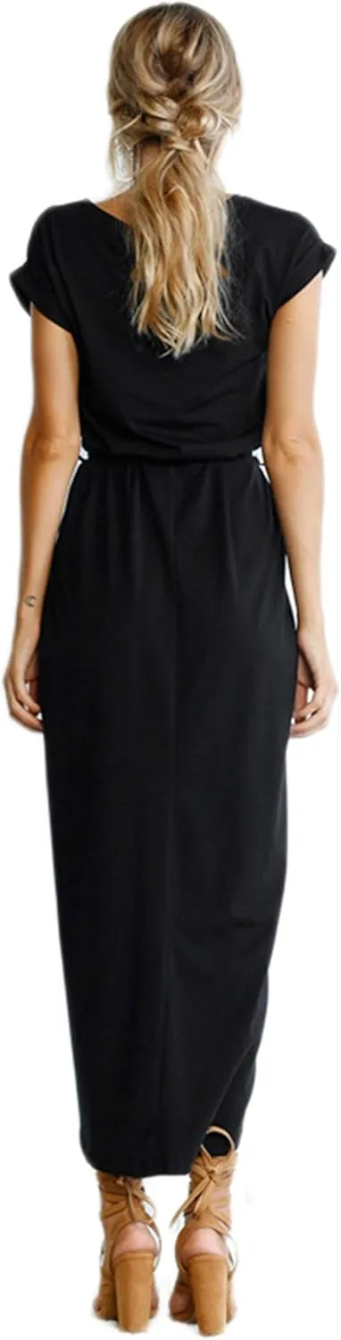 WIWIQS Women's Casual Short Sleeve Slit Dress Summer Solid Party Long Maxi Dress Knee Length Dress