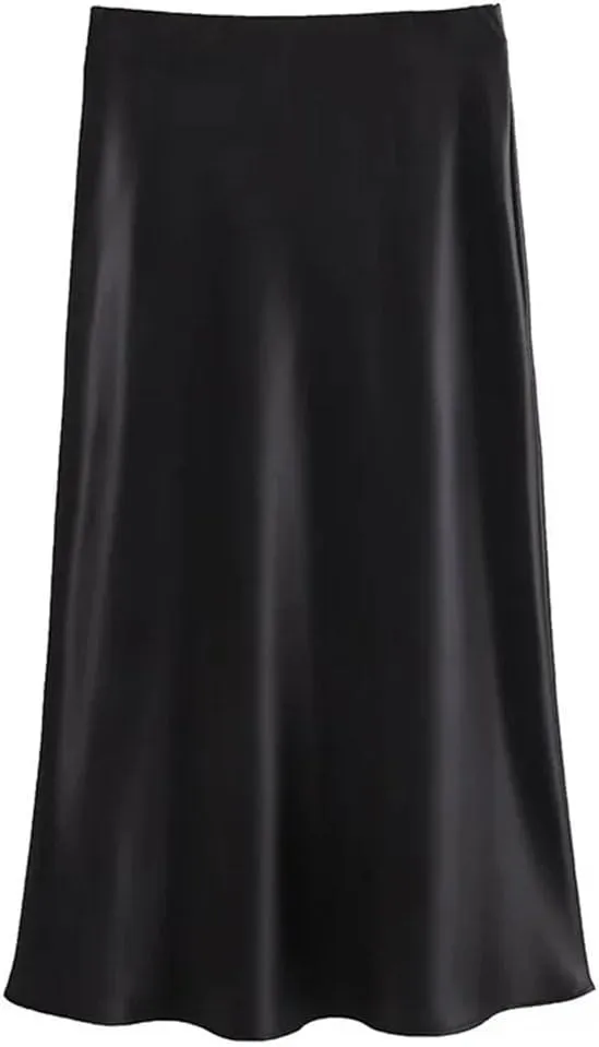 Women A-LINE Long Skirt Elastic High Waisted Solid Casual Satin Skirts
