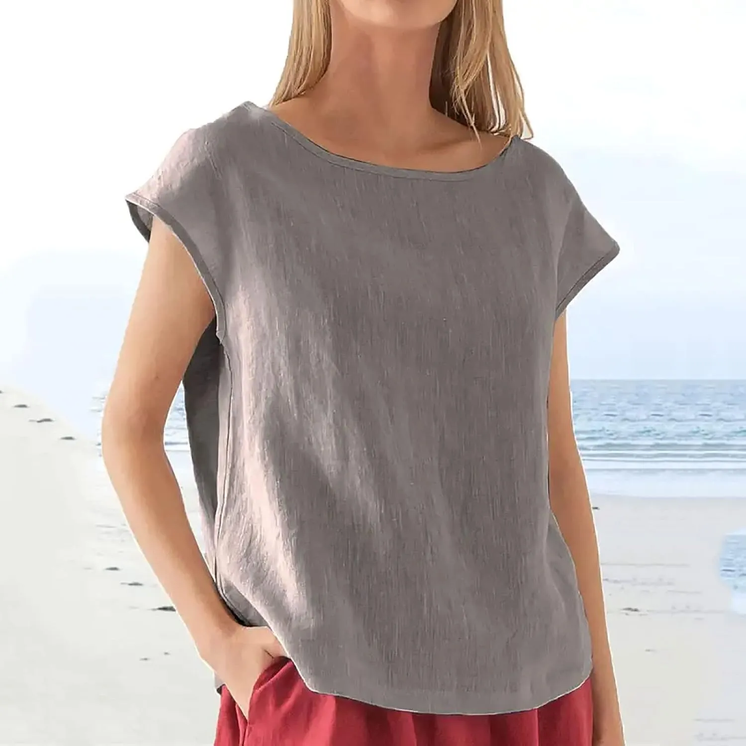 Women Casual T-Shirts 2025 Summer Outdoor Solid Tee Basic Loose Fit Soft Blouse Boat Neck Cotton Linen Comfy Tops