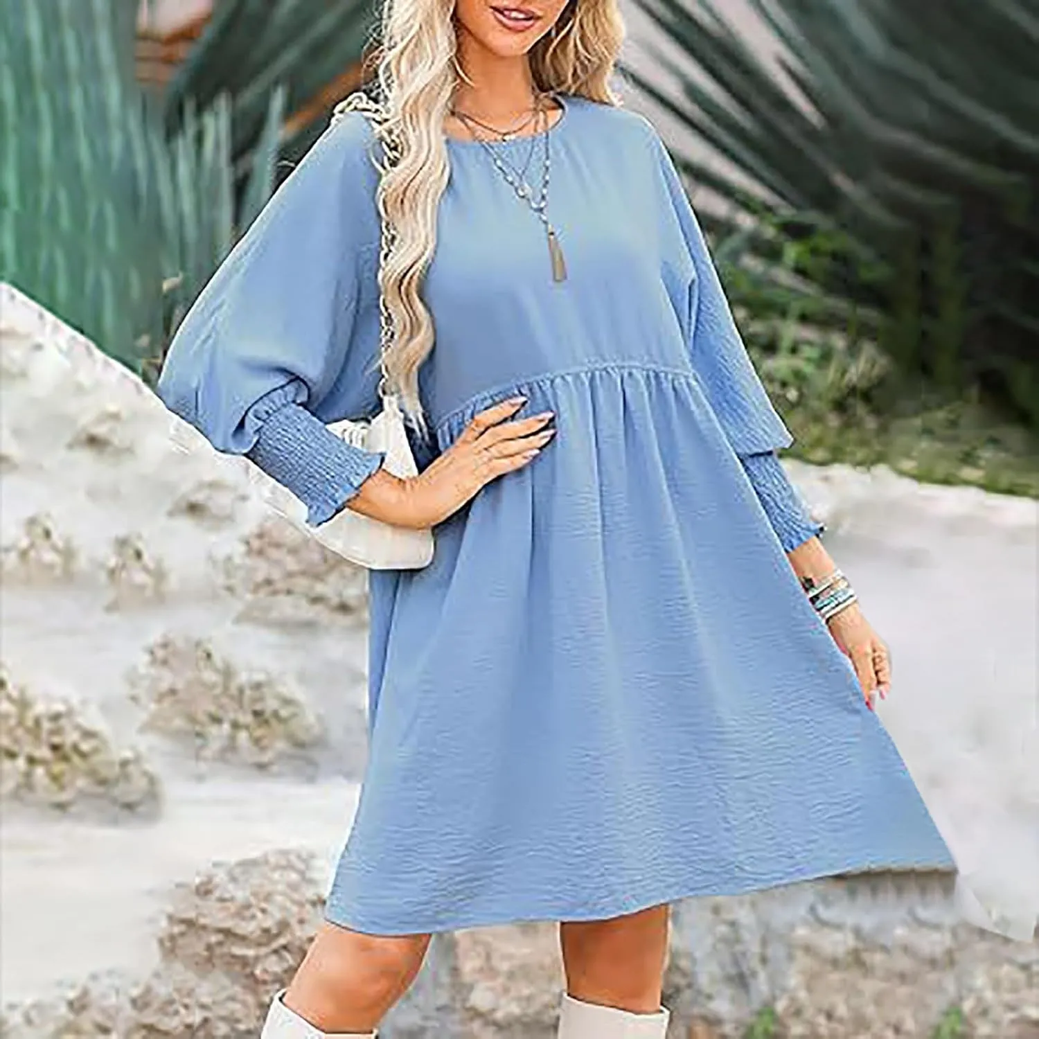 Women Casual Tunic Dress V Neck Tiered Dress Long Sleeve Fit Swing Shift Dress with Pockets Loose Ruffled Dresses